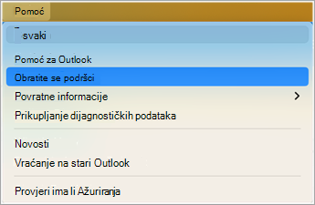 Obraćanje službi za podršku putem programa Outlook prvi snimka zaslona