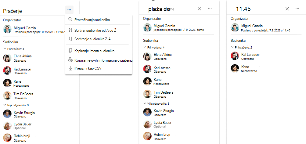 Snimka zaslona na kojoj se prikazuje kopiranje i izvoz sudionika sastanka