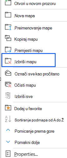 Snimka zaslona na kojoj se prikazuje mogućnost Izbriši mapu odabranu u navigacijskom oknu.