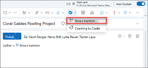 Mogućnost padajućeg izbornika Skiciranje uz Copilot u novom programu Outlook