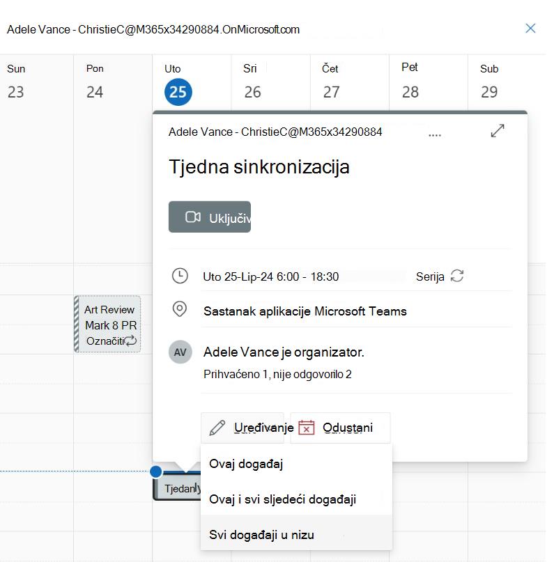 Snimka zaslona na kojoj se prikazuje uređivanje događaja u nizu