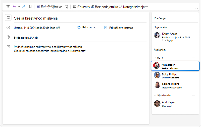 Slika prikazuje okno za praćenje sastanaka u kojem se mogu vidjeti svi odgovori za svakog pozvanog sudionika zajedno s novim dodatnim informacijama o tome hoće li svaki sudionik sudjelovati osobno ili virtualno.
