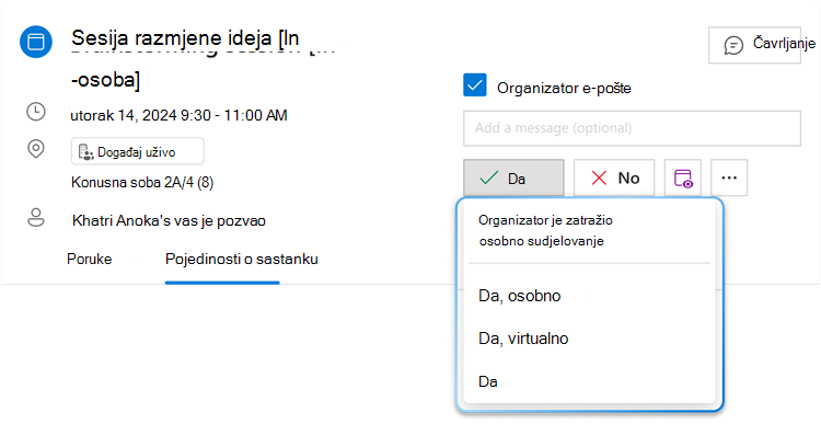 Slika prikazuje gumb hibridnog RSVP izbornika za Da s proširenim padajućim izbornikom gdje se mogu vidjeti tri različite mogućnosti: Da, osobno, Da, virtualno i Da.