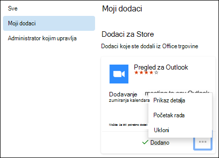 Izbornik Moji dodaci u programu Outlook za Mac.