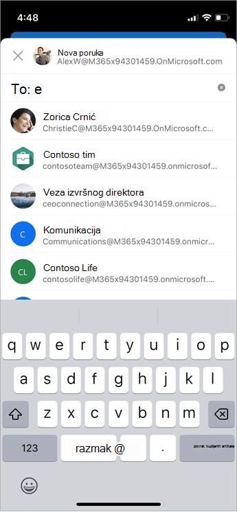 Upravljanje predloženim primateljima u okvirima Prima, Kopija i Skrivena kopija pomoću mogućnosti Samodovršetak snimka zaslona mobilnog uređaja