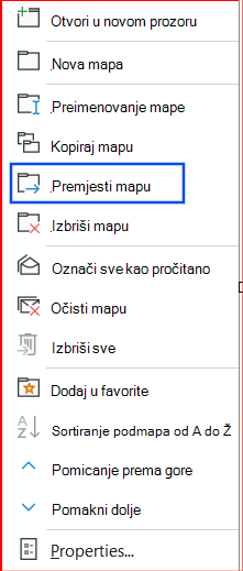 Snimka zaslona na kojoj se prikazuje mogućnost Premjesti mapu odabranu u navigacijskom oknu.