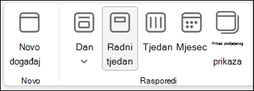 Snimka zaslona vrpce u novom programu Outlook s odabirima za promjenu prikaza kalendara