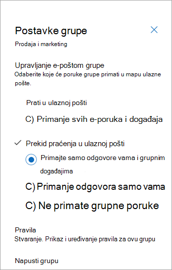 Na ploči s postavkama grupe odaberite preferenciju praćenja ili odaberite napusti