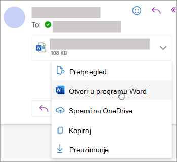 Snimka zaslona s prikazom padajućeg izbornika za otvaranje privitka u programu Word