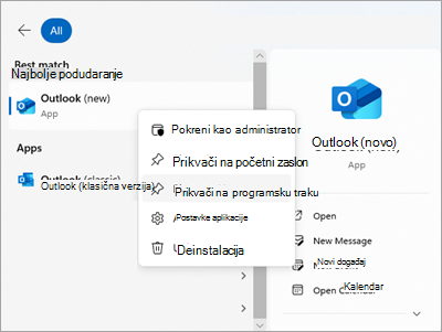 Snimka zaslona na kojoj se prikazuje izbornik Outlook na izborniku Start pomoću mogućnosti Prikvači na programsku traku