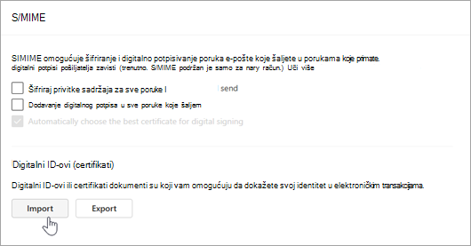 Snimka zaslona na kojoj se prikazuje S/MIME stranica u odjeljku Postavke i uvoz u odjeljcima Digitalni ID-ovi
