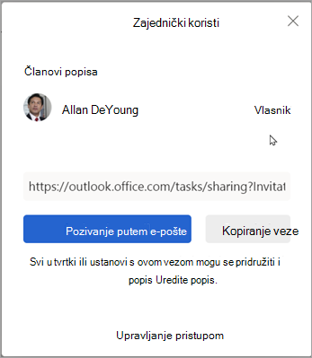 Da biste zajednički koristili popis s drugima, odaberite mogućnost Pozovi putem e-pošte ili kopiraj vezu.