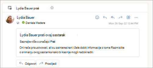 Snimka zaslona s prikazom odgovora e-poštom koji sudionik prati sastanak