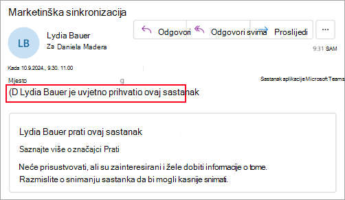 Snimka zaslona za organizatore koji ne koriste novi Outlook, na kojoj se vidi da je sudionik uvjetno prihvatio sastanak