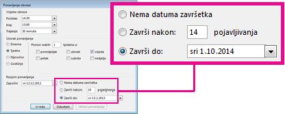Mogućnost promjene završnog datuma ponavljajućeg sastanka