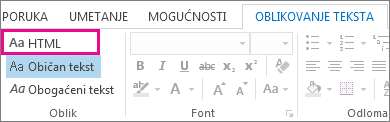 Mogućnost formatiranja kao HTML na kartici Oblikovanje teksta u poruci