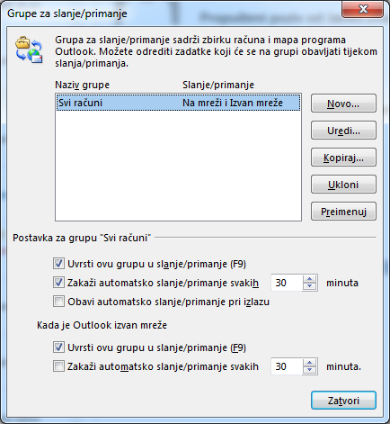 DIjaloški okvir Postavke slanja/primanja
