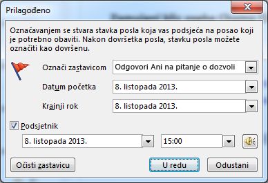 Dijaloški okvir Prilagođeno za postavljanje podsjetnika, početnih datuma i datuma dospijeća