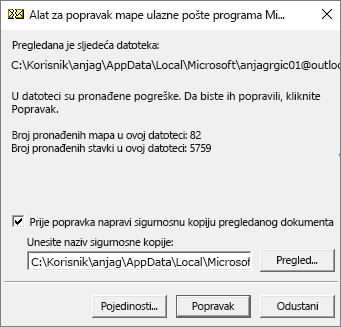 Prikaz rezultata pregledane .pst podatkovne datoteke programa Outlook pomoću Microsoftova alata za popravak ulazne pošte SCANPST.EXE.