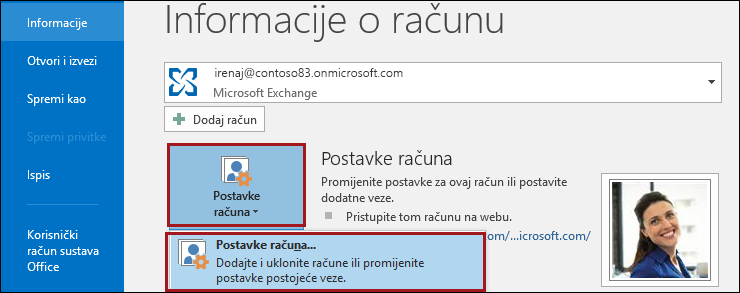 Postavke računa u programu Outlook.