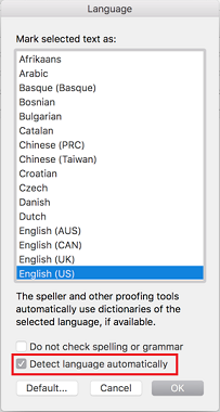 Automatska postavka prepoznavanja jezika u programu Outlook 2016 za Mac