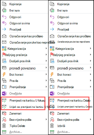 Usporedni prikaz mogućnosti Premjesti i Uvijek premjesti