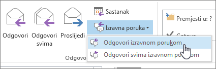 Grupa Odgovor s otvorenim padajućim izbornikom za izravne poruke i istaknutom mogućnošću Odgovori izravnom porukom