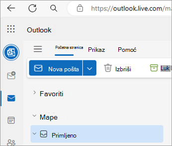 Snimka zaslona na kojoj se prikazuje Outlook.com početna stranica