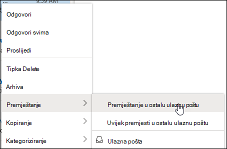 Snimka zaslona izbornika koji se otvara klikom desne tipke miša s mogućnostima Premjesti u drugu ulaznu poštu i Uvijek premjesti u drugu ulaznu poštu.