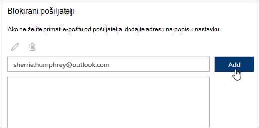 Snimka zaslona okvira Blokirani pošiljatelji
