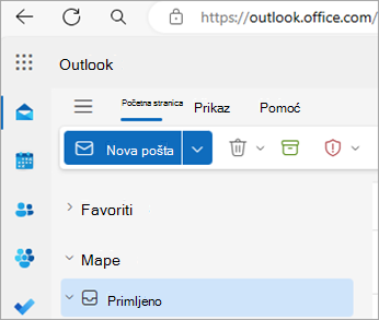 Snimka zaslona s prikazom početne stranice programa Outlook na webu