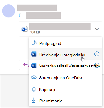Snimka zaslona s prikazom padajućeg izbornika privitaka s odabranom mogućnosti Uredi u pregledniku
