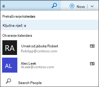 Popis pretraživanja u kalendaru koji se prikazuje kada upišete nešto u okvir za pretraživanje kalendara i podudara se s imenom na popisu kontakata ili u imeniku.