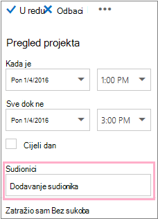 Okno s pojedinostima u kojem se prikazuje okvir Sudionici koji se koristi uz pomoćnik za planiranje rasporeda