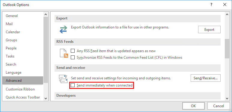 Mogućnost slanja/primanja u programu Outlook