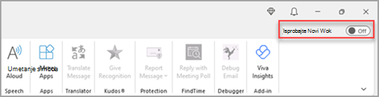 Slika koja prikazuje prekidač Isprobajte novi Outlook uključen u gornjem desnom kutu.