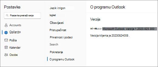 Slika informacija o novoj verziji programa Outlook za Windows s istaknutima Općenito i O programu Outlook.