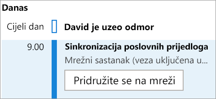 Prikazuje gumb Pridružite se na mreži za sastanke