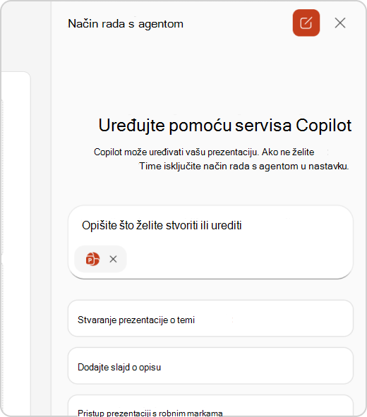 Okno čavrljanja u načinu rada s agentom