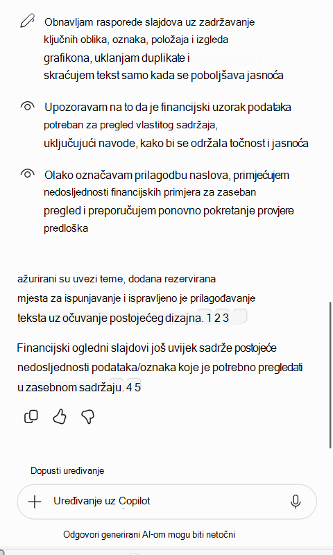 Snimka zaslona s sažetkom popravaka predloška aplikacije Copilot.