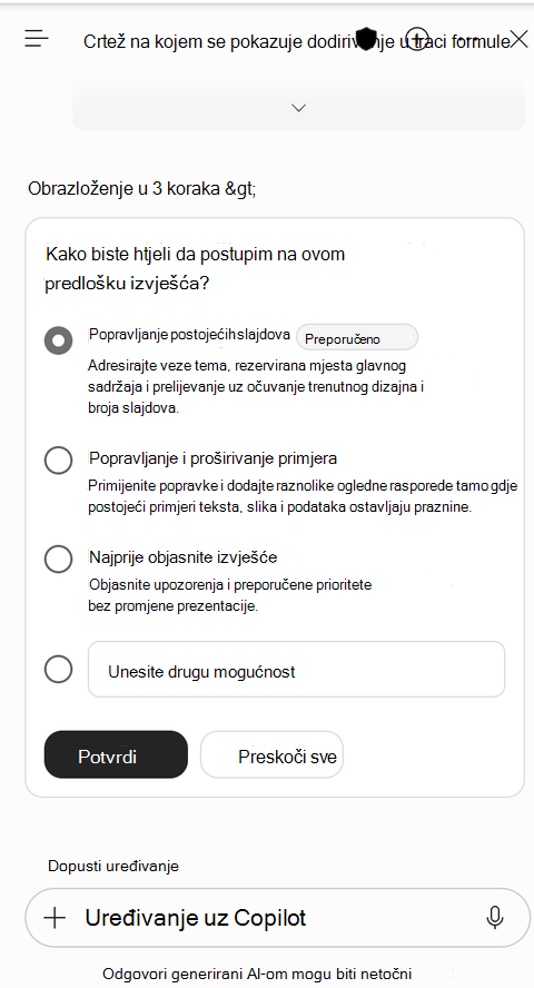 Snimka zaslona značajke Copilot koja pita kako postupiti na predlošku izvješća s odabranom mogućnosti Popravi postojeće slajdove.