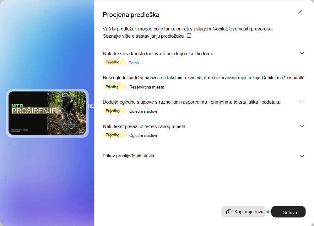 Snimka zaslona rezultata procjene predloška s gumbom Kopiraj rezultate.