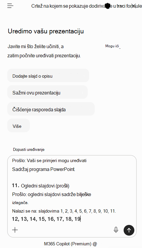 Snimka zaslona okna značajke Copilot u programu PowerPoint s kopiranim rezultatima procjene zalijepljenim u okvir upita.