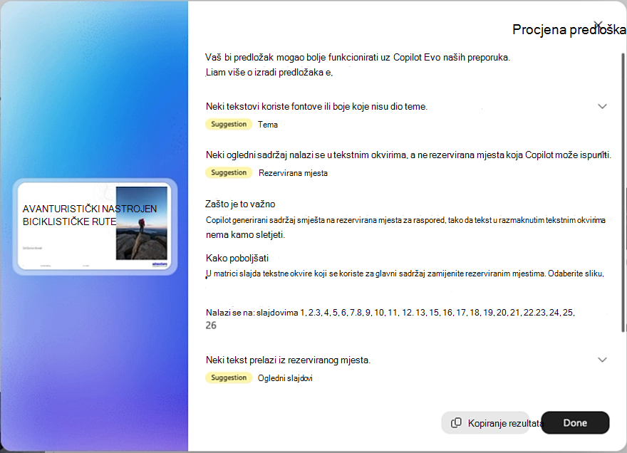 Snimka zaslona rezultata procjene predloška s jednim proširenim prijedlogom koji pokazuje zašto je to važno i kako ga poboljšati.