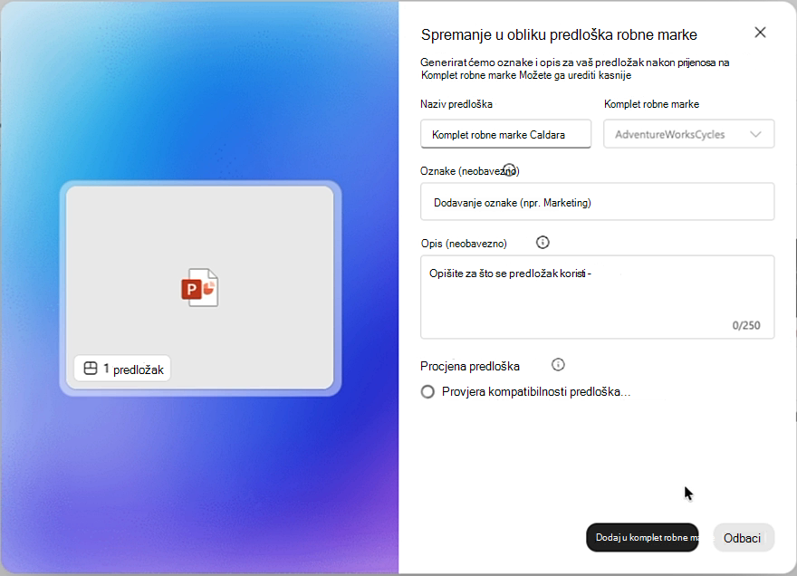 Snimka zaslona prozora Spremi kao predložak robne marke sa statusom procjene predloška koji pokazuje Provjera kompatibilnosti predloška.