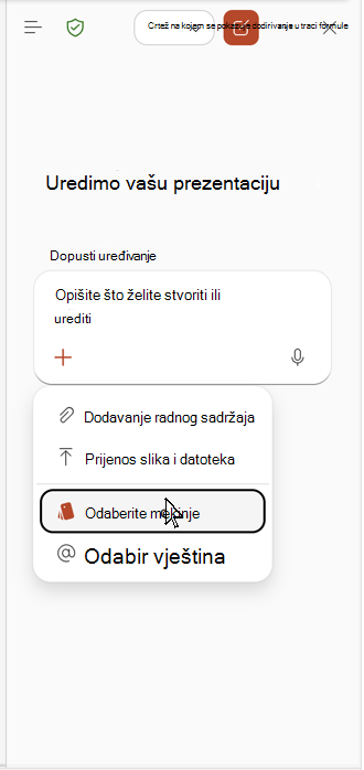 Snimka zaslona na kojoj se prikazuje Odabir robne marke u oknu rješenja Copilot.