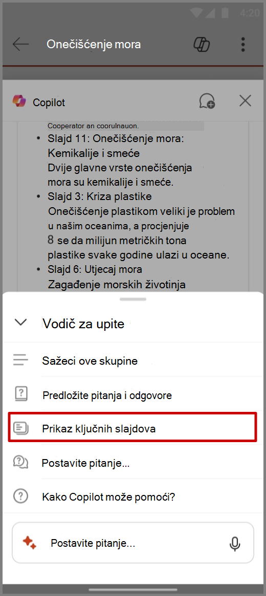 Snimka zaslona značajke Copilot u programu PowerPoint na uređaju sa sustavom Android s upitom za prikaz ključnih slajdova