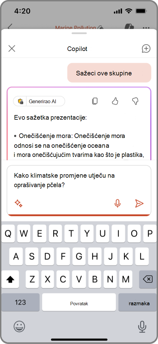 Snimka zaslona značajke Copilot u programu PowerPoint na uređaju sa sustavom iOS s upitom u okviru za sastavljanje