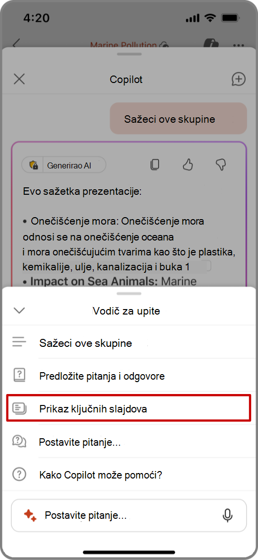 Snimka zaslona značajke Copilot u programu PowerPoint na uređaju sa sustavom iOS s upitom za prikaz ključnih slajdova