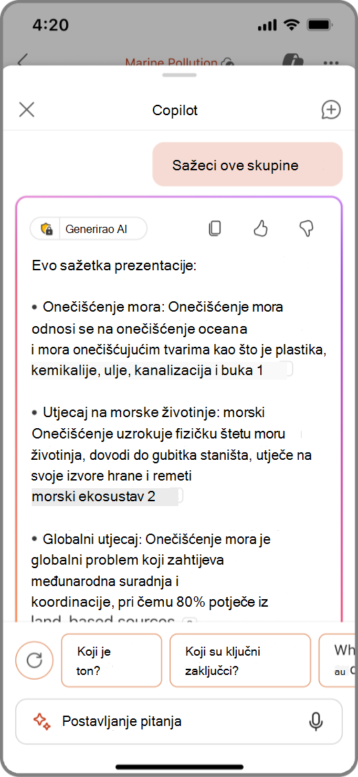 Snimka zaslona značajke Copilot u programu PowerPoint na uređaju sa sustavom iOS s rezultatima sažimanja snopa